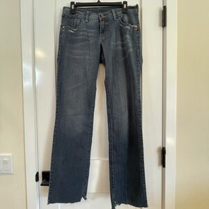Women Jeans Denim Sequins Distressed Raw Edge Boot Cut‎ Mid Rise 14 L Puro Gold